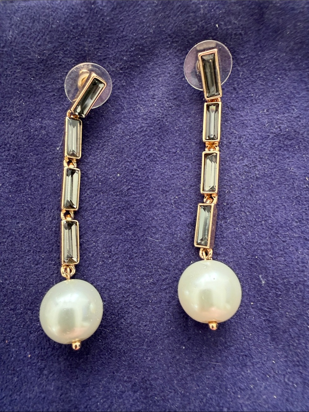 Gold-Tone Pearl Drop Earrings with Smoky Crystal Accents